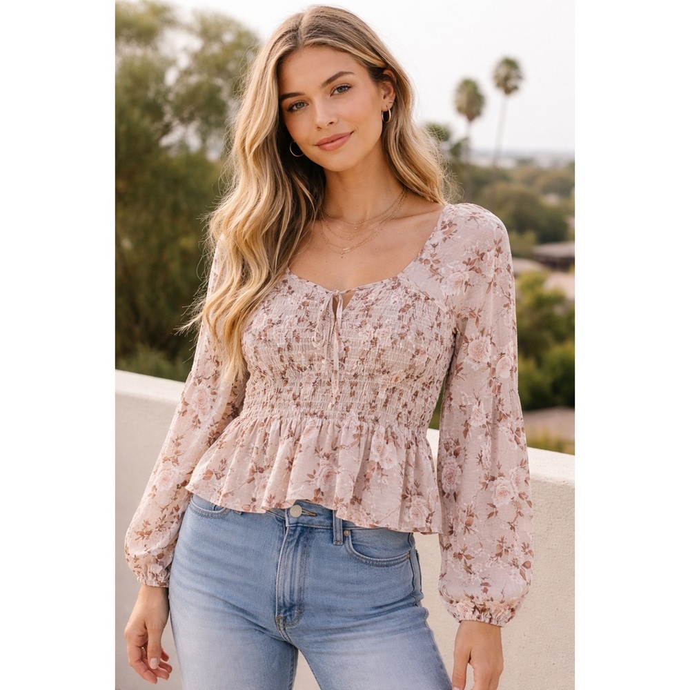 NWT American Eagle Outfitters Floral Smocked Tie Neck Ruffle Top Blouse